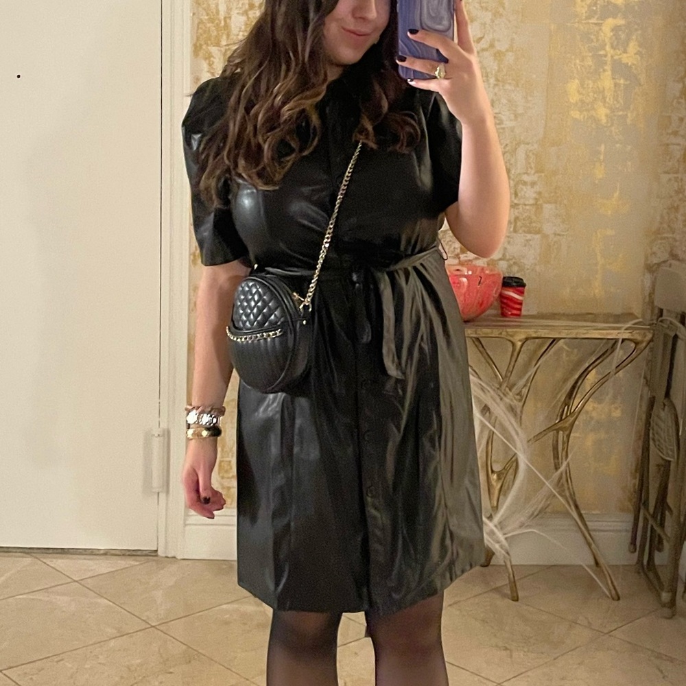 DKNY Black Leather Button Down Belted Dress